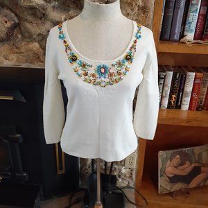 Joseph A Beaded Jeweled White Top Sweater M